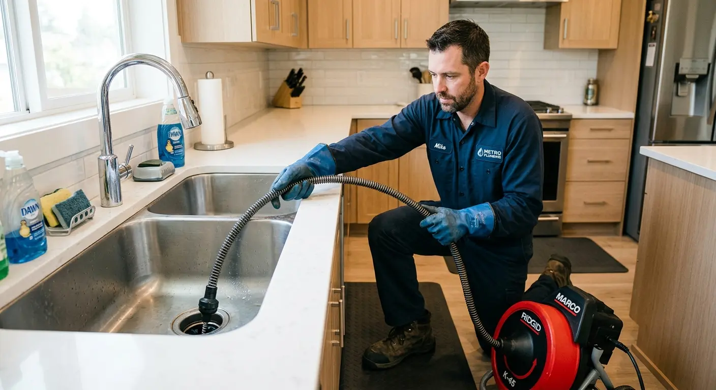 Drain cleaning technician using a motorized snake on a kitchen sink in Largo