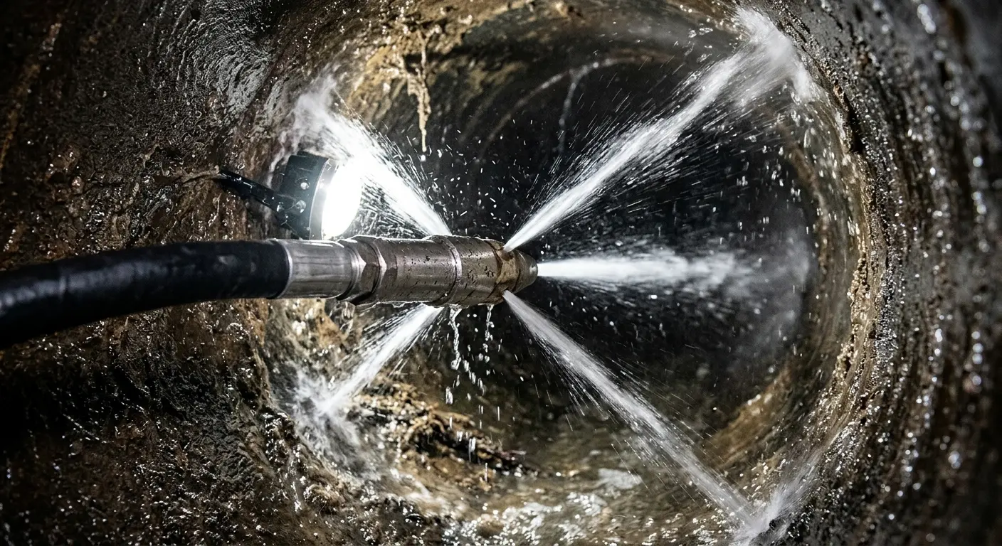 High-pressure hydro jetting nozzle cleaning sewer pipe for Emergency Drain Service in Largo