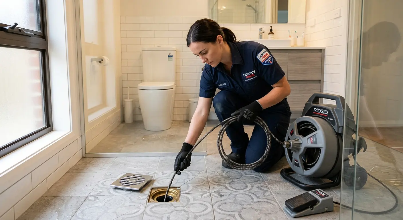 Technician clearing a bathroom floor drain for Sewer Line Installation in Largo